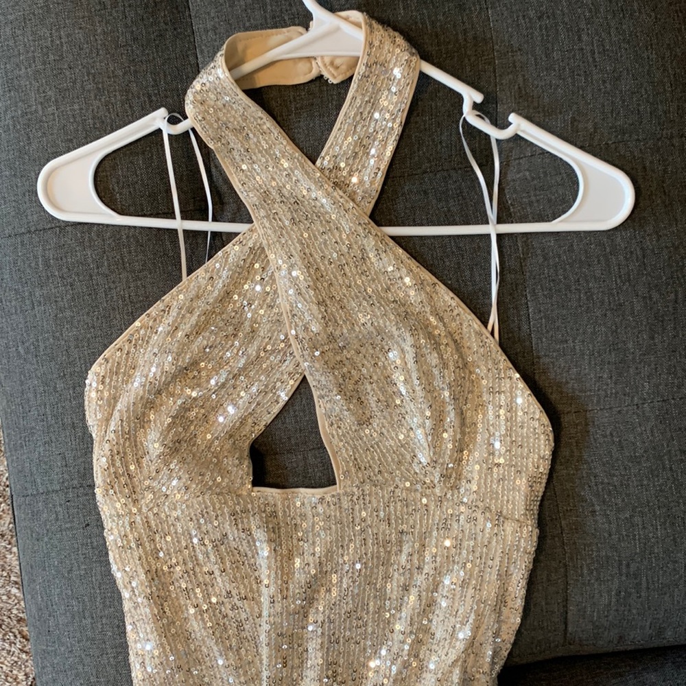 Hello Molly Champagne Sequin Halter Midi Dress